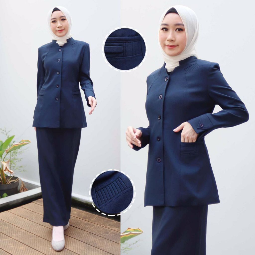 Seragam Guru Biru Dongker Stelan Rok/Celana Cerista Blazer