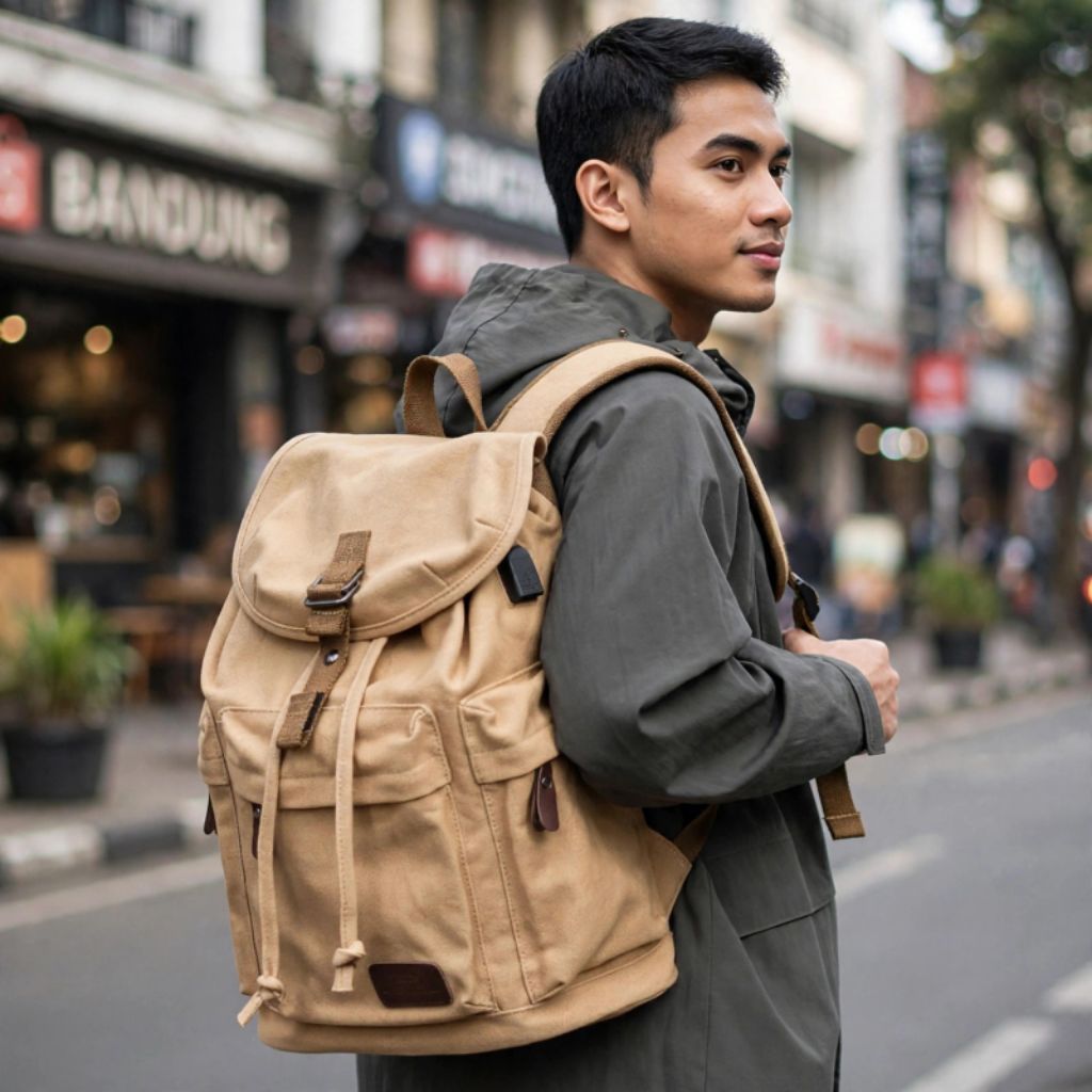 TAS RANSEL PRIA WANITA CANVAS LAPTOP 15 INCH UNTUK SEKOLAH/ KULIAH/HEALING/JALAN-JALAN - foto 1 dari 10