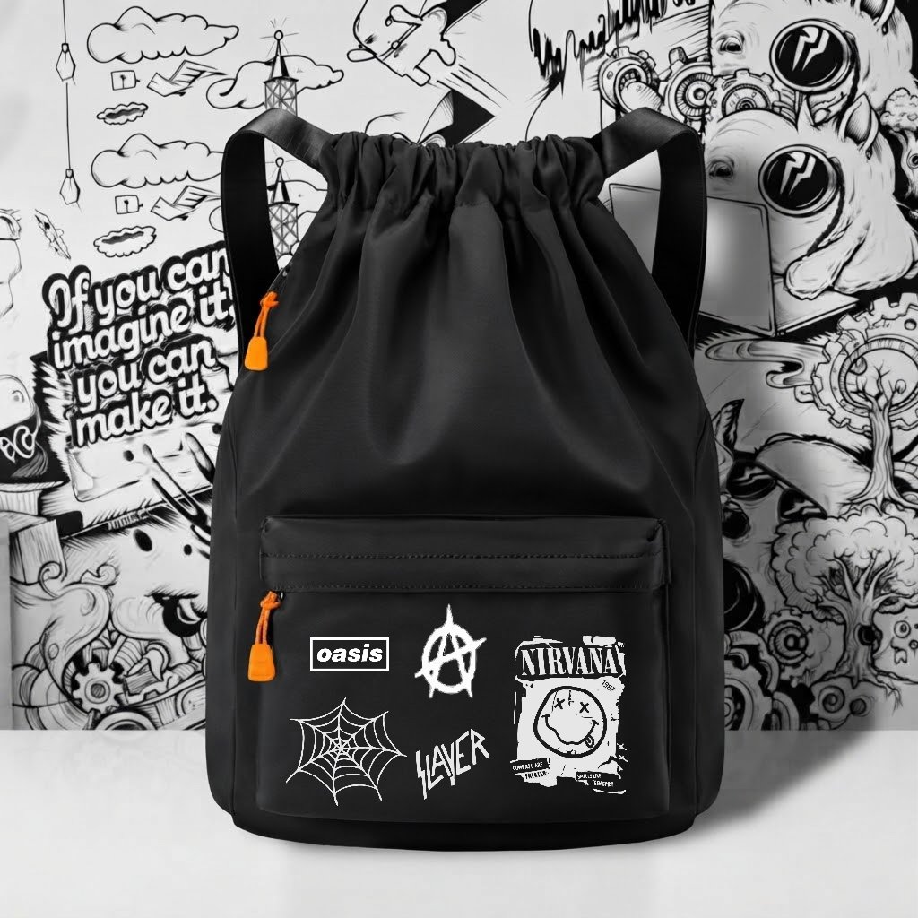 Tas Serut Multifungsi Ringan Bahan Tebal Stringbag Laki Laki Sekolah Traveling Kerja Motif Band Metal Kekinian