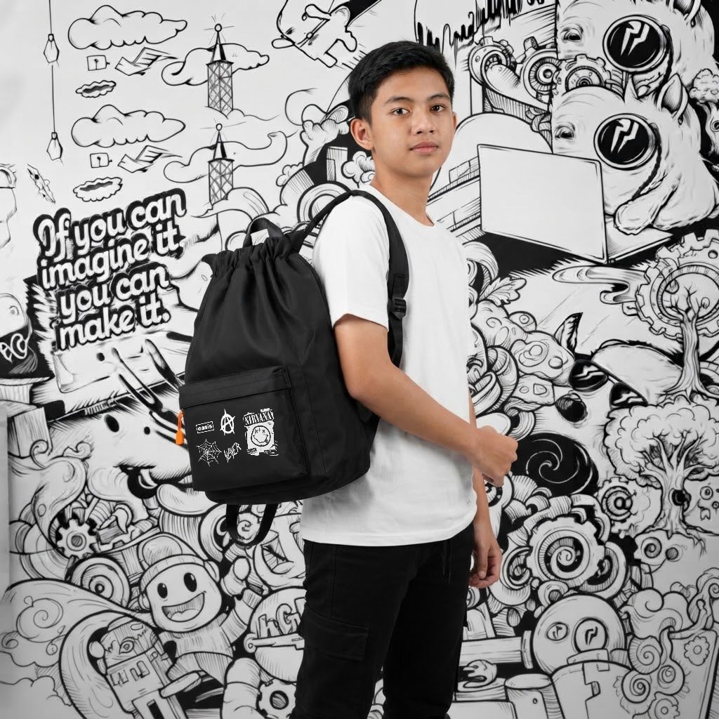 Tas Serut Multifungsi Ringan Bahan Tebal Stringbag Laki Laki Sekolah Traveling Kerja Motif Band Metal Kekinian - foto 6 dari 10
